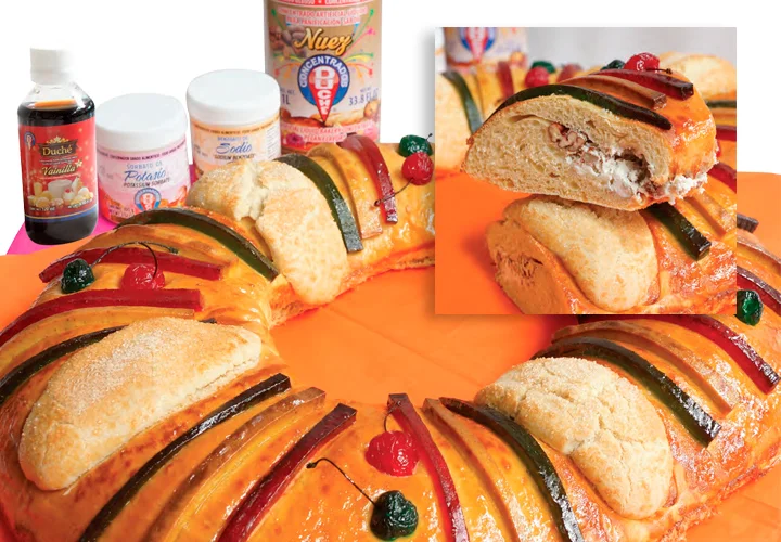 Rosca de reyes rellena con queso crema y nuez